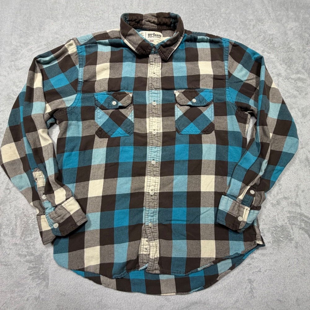 Vintage Urban Pipeline XL Blue Brown Plaid Flannel Shirt 100% Cotton 2000s Mens